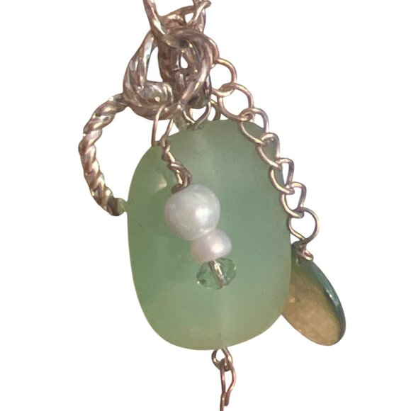 Vintage Green Sea Glass Faux Pearl Dangle Earrings Silver Tone Hook Estate 3" - Picture 3 of 4